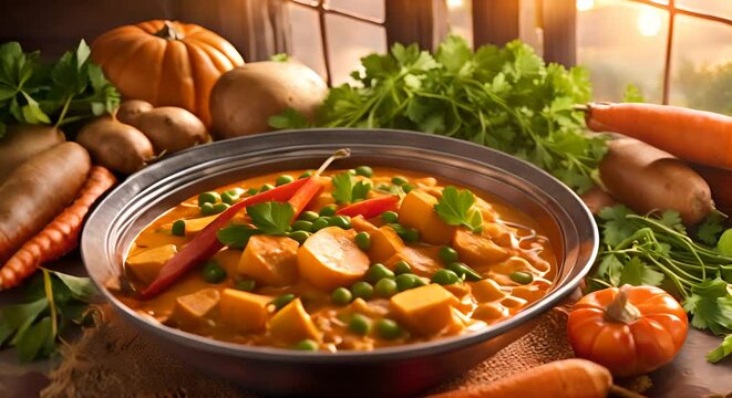 Serving a bowl of vegan curry with potatoes, carrots, peas, parsley and pumpkin on the kitchen table