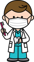Illustration of a cute child dentist wearing a white gown and mask and teaching equipment for brushing teeth.