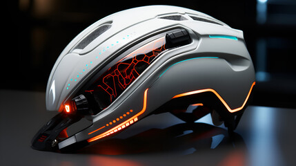 Obraz premium A helmet with vibrant lights illuminating it, providing a futuristic and captivating appearance.