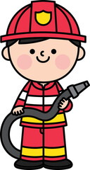 Illustration of a cute child firefighter wearing a fire suit and holding firefighting equipment.
