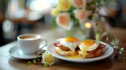 Toast with eggs benedict and bacon