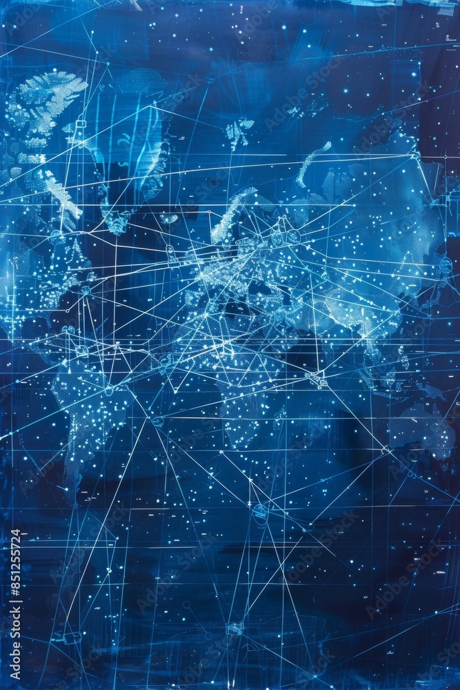 Wall mural global network map in blueprint style, major data centers marked, fiber-optic routes traced with das