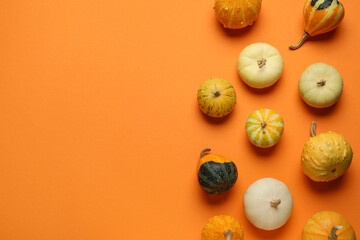 Different fresh pumpkins on orange background