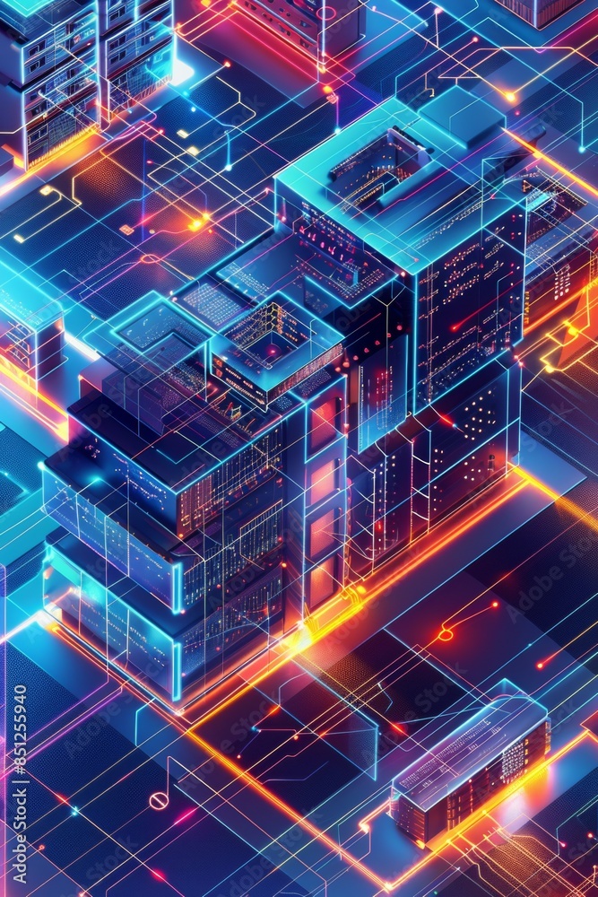 Wall mural isometric blueprint of a data center, showcasing multiple floors, server racks, and network pathways