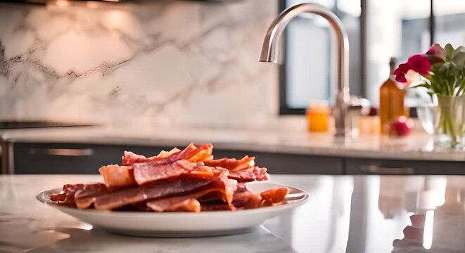 Crispy fried bacon on a white plate on a modern kitchen table