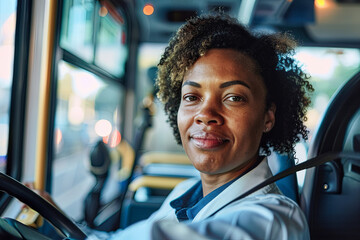 Portrait of a professional Black female bus driver sitting confidently behind the wheel, ready to transport passengers safely to their destinations