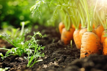 Fresh Carrots Growing in Fertile Soil in an Organic Garden During the Summer Season