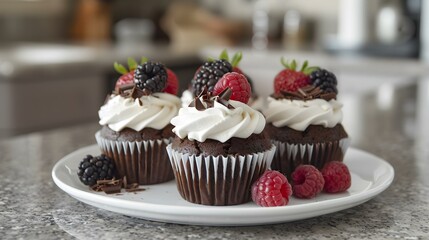 Chocolate cupcakes on a plate decorated image