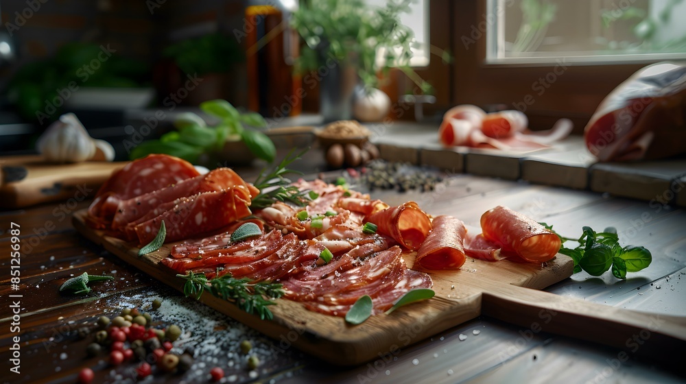 Wall mural cold cuts on a wooden board decorated