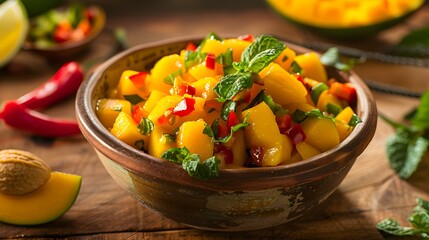 Mango salsa in a bowl garnished