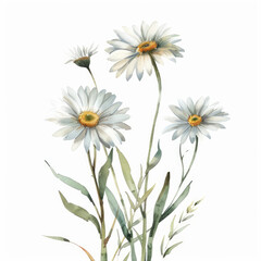 Fototapeta premium Watercolor painting of delicate daisy flowers with green stems and leaves isolated on a white background