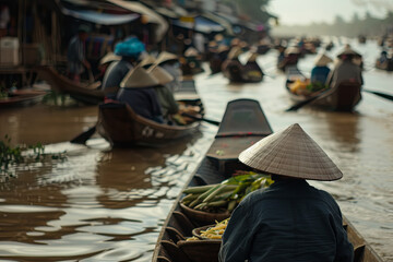 Obraz premium Bustling floating market in the morning, with farmers in dozens of boats along the river trading agricultural products, a traditional scene during New Year celebrations