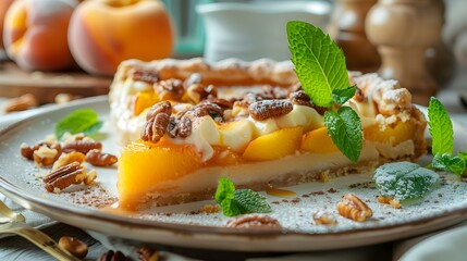 Peaches and cream pie on a plate img