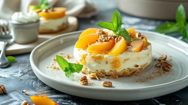 Peaches and cream pie on a plate image