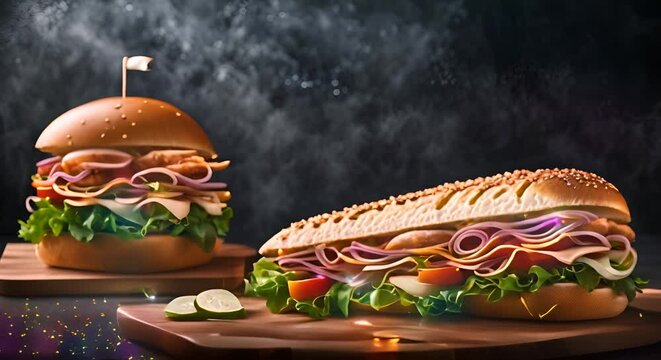Long submarine sandwiches on a wooden tray on a dark background.