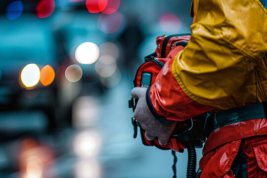 Dramatic scene of a doctor's hand holding a defibrillator, ready to respond to a medical emergency at a traffic accident site, highlighting the critical role of emergency medical service