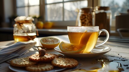 A cup of tea with lemon