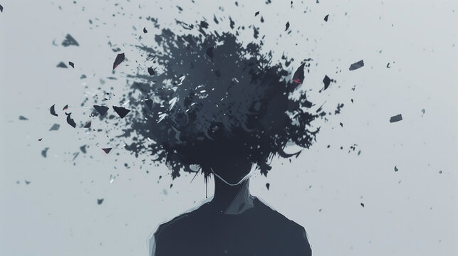 Illustration symbolizing mental health with an abstract, dark figure in front of a head exploding into fragments, emphasizing the importance of mental well-being