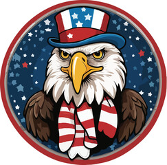 Cute Cartoon Puppy in Patriotic Hat with American Flag, Stars, Balloons, and Confetti - Festive and Kid-Friendly Design