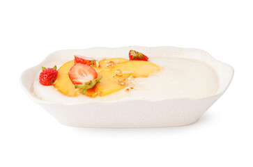 Bowl of tasty semolina porridge with nectarine and strawberries on white background