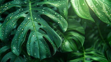 Obraz premium Close-Up of Dew-Covered Monstera Leaves