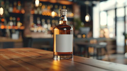 mockup transparent whiskey bottle on wooden table, bottle with blank white label, cafe table background with slight blur, Ai Generated Images