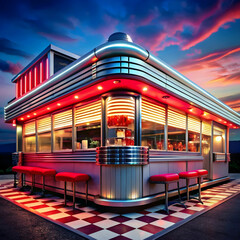 Neon diner and retro car late at night. Fog, rain and colour reflections on asphalt. 3d illustration