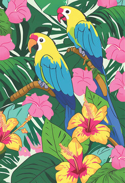 Two Colorful Parrots Perched Among Tropical Flowers 