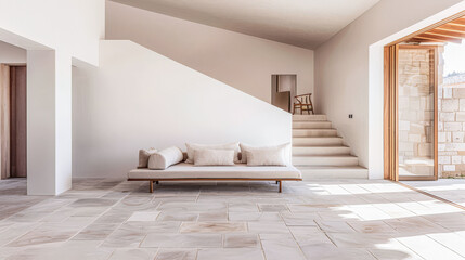 Minimalist interiors composition in warm tones with minimal furniture and window lighting. Luxury Real Estate interior design composition.