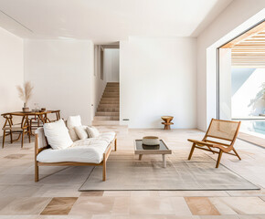 Minimalist interiors composition in warm tones with minimal furniture and window lighting. Luxury Real Estate interior design composition.