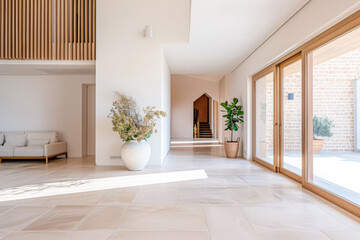 Fototapeta premium Minimalist interiors composition in warm tones with minimal furniture and window lighting. Luxury Real Estate interior design composition.