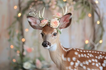 A deer with a flower crown on its head