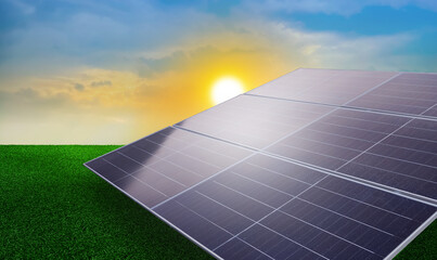 solar panels harvesting power on a green field with sunlight, clean solar energy