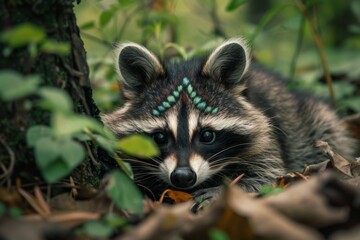 Fototapeta premium A raccoon with green paint on its face is laying in the grass
