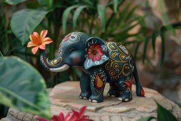 Obraz premium A small elephant figurine with a flower on its trunk