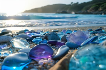 Smooth, polished sea glass stones in shades of deep blue and violet, scattered on the seashore. The sunlit scene and the rhythmic ocean waves enhance the vibrant colors and smooth 