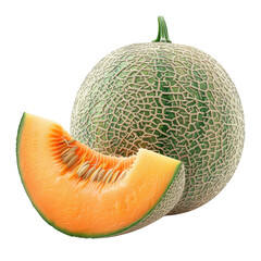 Close-up of a whole cantaloupe melon and a sliced piece revealing the orange flesh and seeds transparent background, PNG