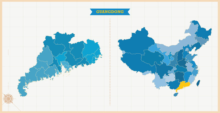 A Map highlighting Guangdong in the China Map, Guangdong and China modern map with Colorful Hi detailed Vector, geographical borders