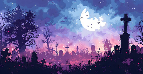 Fototapeta premium A graveyard with a large cross and a full moon in the sky