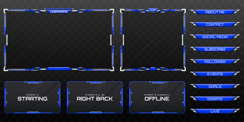 Live Stream Overlay Webcam Screen Frame and Stream Alert GUI Panels with Royal Blue and Silver Colored for Gaming and Video Streaming Platforms