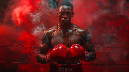 Shirtless muscular black boxer with red gloves in fighting stance surrounded by red smoke. Concept of strength, determination, challenge.