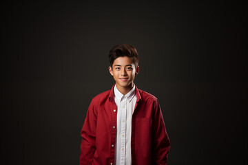 Fototapeta premium Portrait of a teenager wearing a red-white outfit on an isolated background with copy space