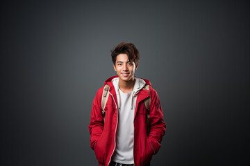 Fototapeta premium Portrait of a teenager wearing a red-white outfit on an isolated background with copy space