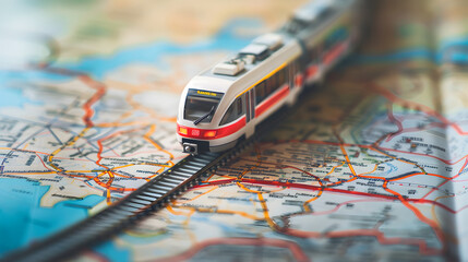A close-up of a model train running on tracks laid over a detailed world map. The image symbolizes travel, adventure, and global connectivity through creative and playful representation.
