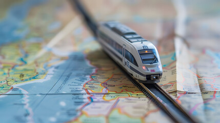 Close-up of a miniature train traveling on tracks laid over a detailed map. The image creatively captures the concept of travel, exploration, and global connectivity.