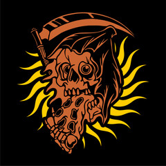 vector illustration artwork of grim reaper skull skeleton eating pizza slice. Can be used as Logo, Brands, Mascots, tshirt, sticker,patch and Tattoo design.