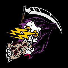 vector illustration artwork of grim reaper skull skeleton eating pizza slice. Can be used as Logo, Brands, Mascots, tshirt, sticker,patch and Tattoo design.