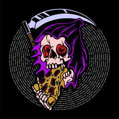 vector illustration artwork of grim reaper skull skeleton eating pizza slice. Can be used as Logo, Brands, Mascots, tshirt, sticker,patch and Tattoo design.