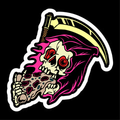 vector illustration artwork of grim reaper skull skeleton eating pizza slice. Can be used as Logo, Brands, Mascots, tshirt, sticker,patch and Tattoo design.