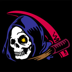 vector illustration tracing artwork of a grim reaper death calling invite to death with. Can be used as Logo, Brands, Mascots, tshirt, sticker,patch and Tattoo design.